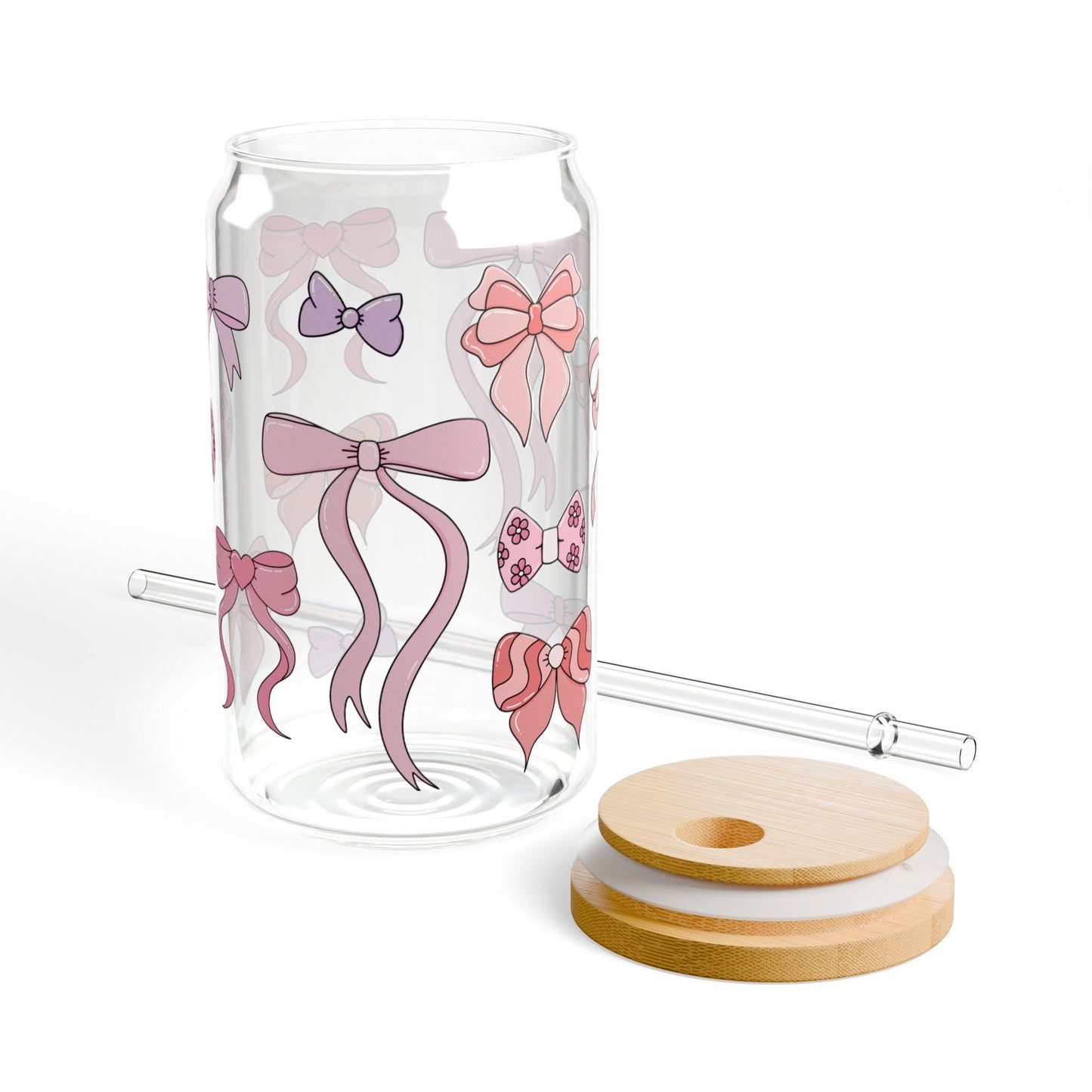 Girly coquette bow glass cup with bamboo lid glass straw, Cute Cup Beer Can Iced Coffee Glass Cup Cute preppy Glass Cup gift for her