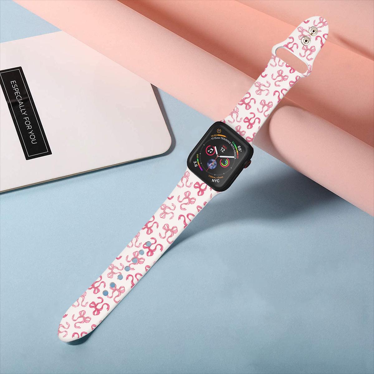 Pink bows preppy Watch Band Apple Watch Band for 38mm 40mm 41mm 42mm 44mm Silicone Apple Watch Strap womens custom coquette band