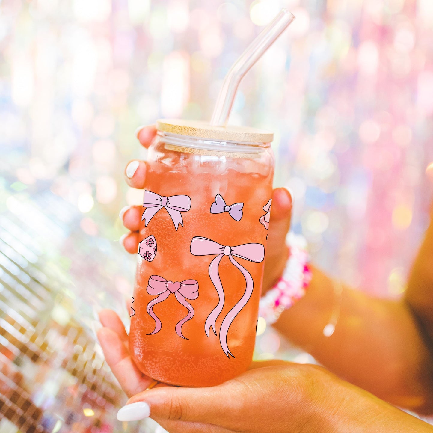 Girly coquette bow glass cup with bamboo lid glass straw, Cute Cup Beer Can Iced Coffee Glass Cup Cute preppy Glass Cup gift for her