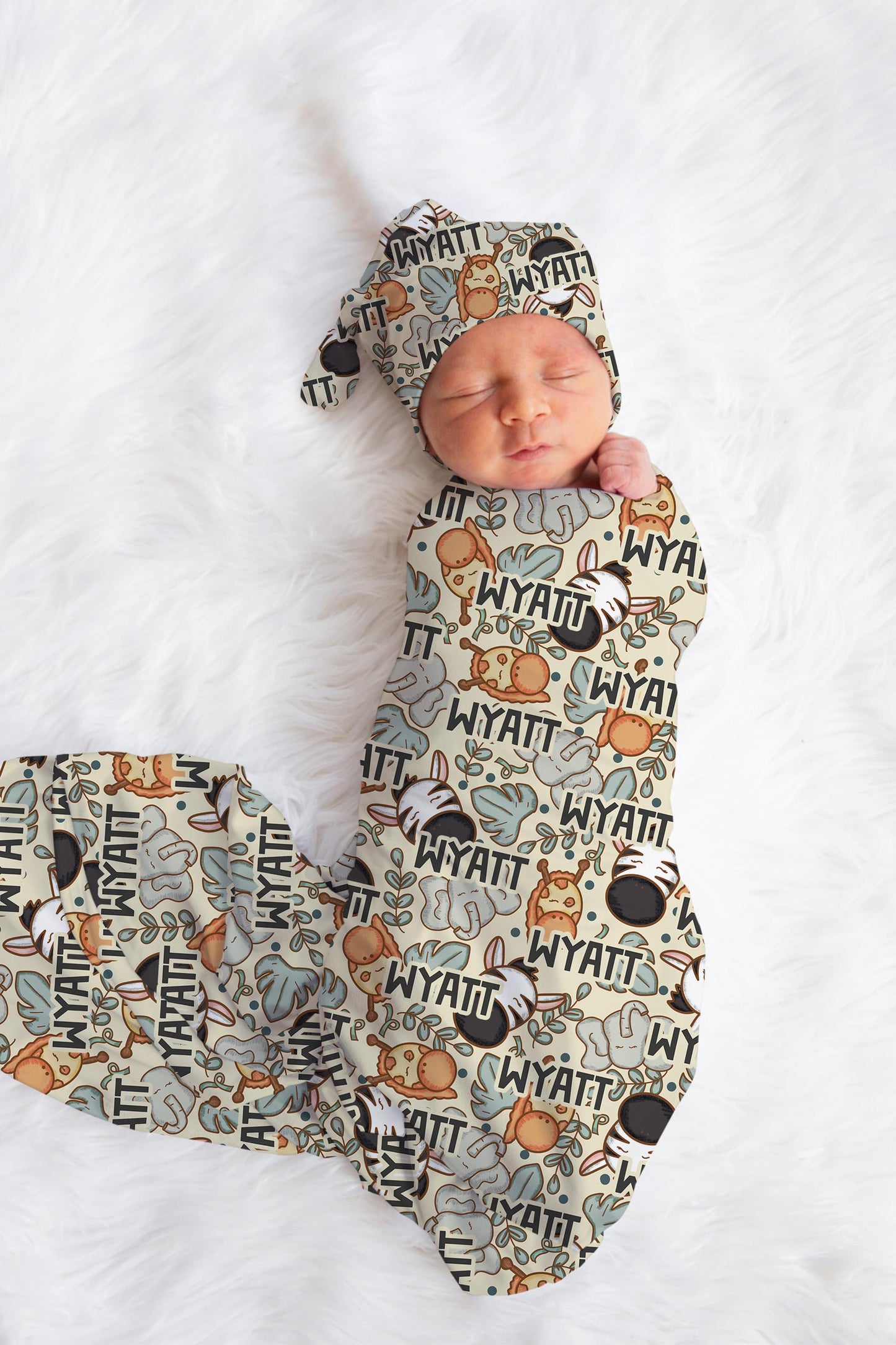 Personalized Baby Boy Swaddle Blanket Hat Set, safari swaddle, animal hospital reveal outfit unisex baby shower gift receiving blanket