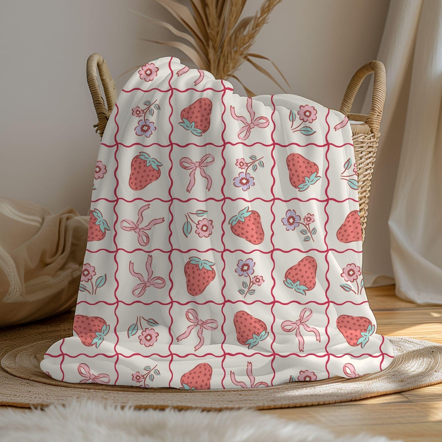 Personalized coquette pink bow Blanket, cute strawberry room decor, preppy stuff room decor, pink bow baby blanket, bow decor
