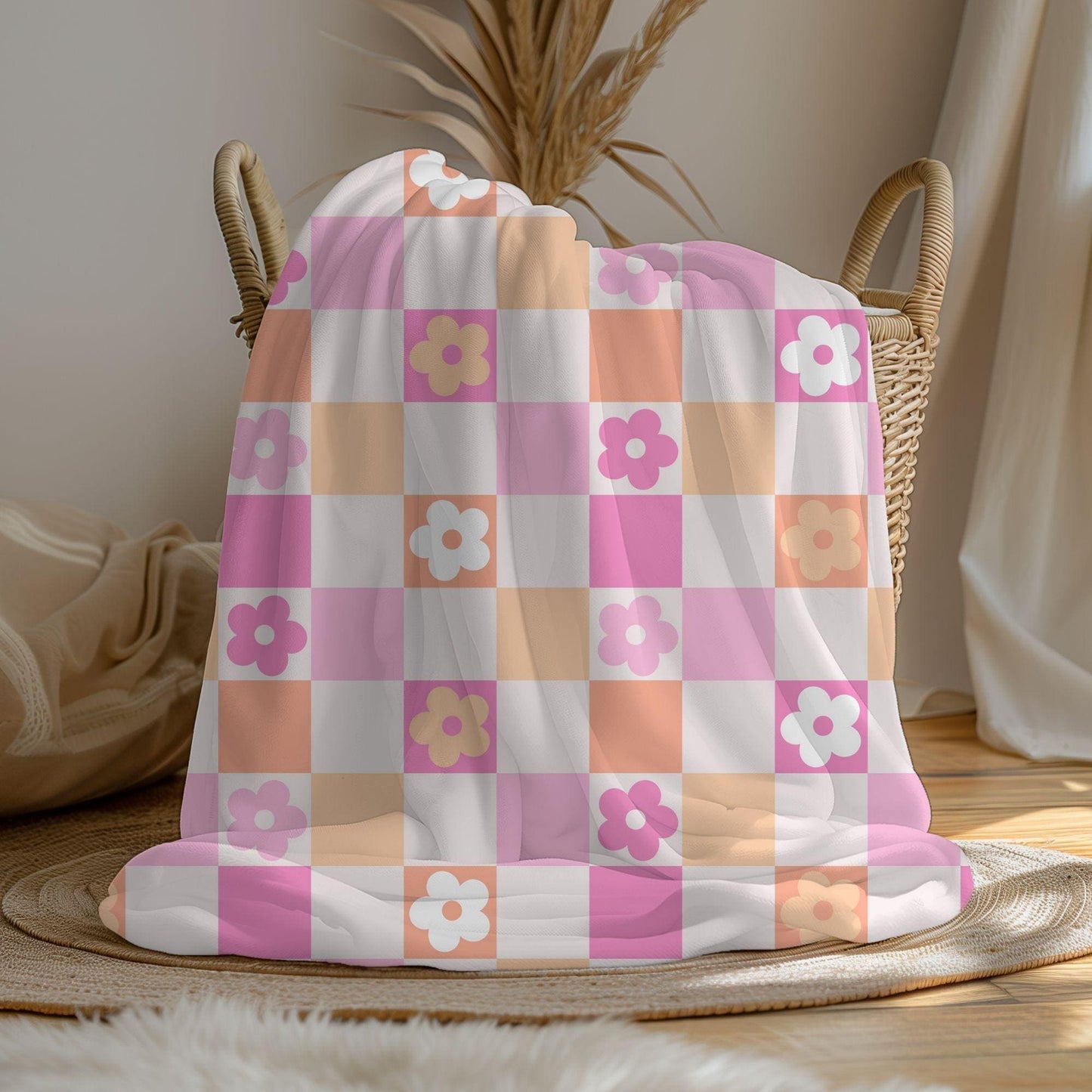 Checkered floral personalized pink blanket, Custom name blanket gift, Birthday Anniversary Gift for her, floral baby blanket
