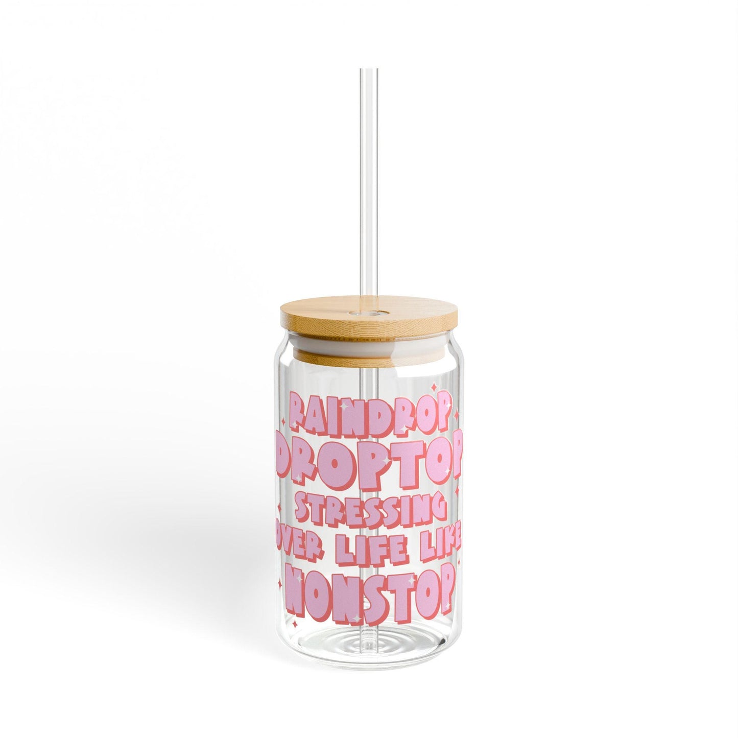 Preppy funny glass cup with bamboo lid glass straw, Cute Cup Beer Can Iced Coffee Glass Cup Cute stress Glass Cup gift for her