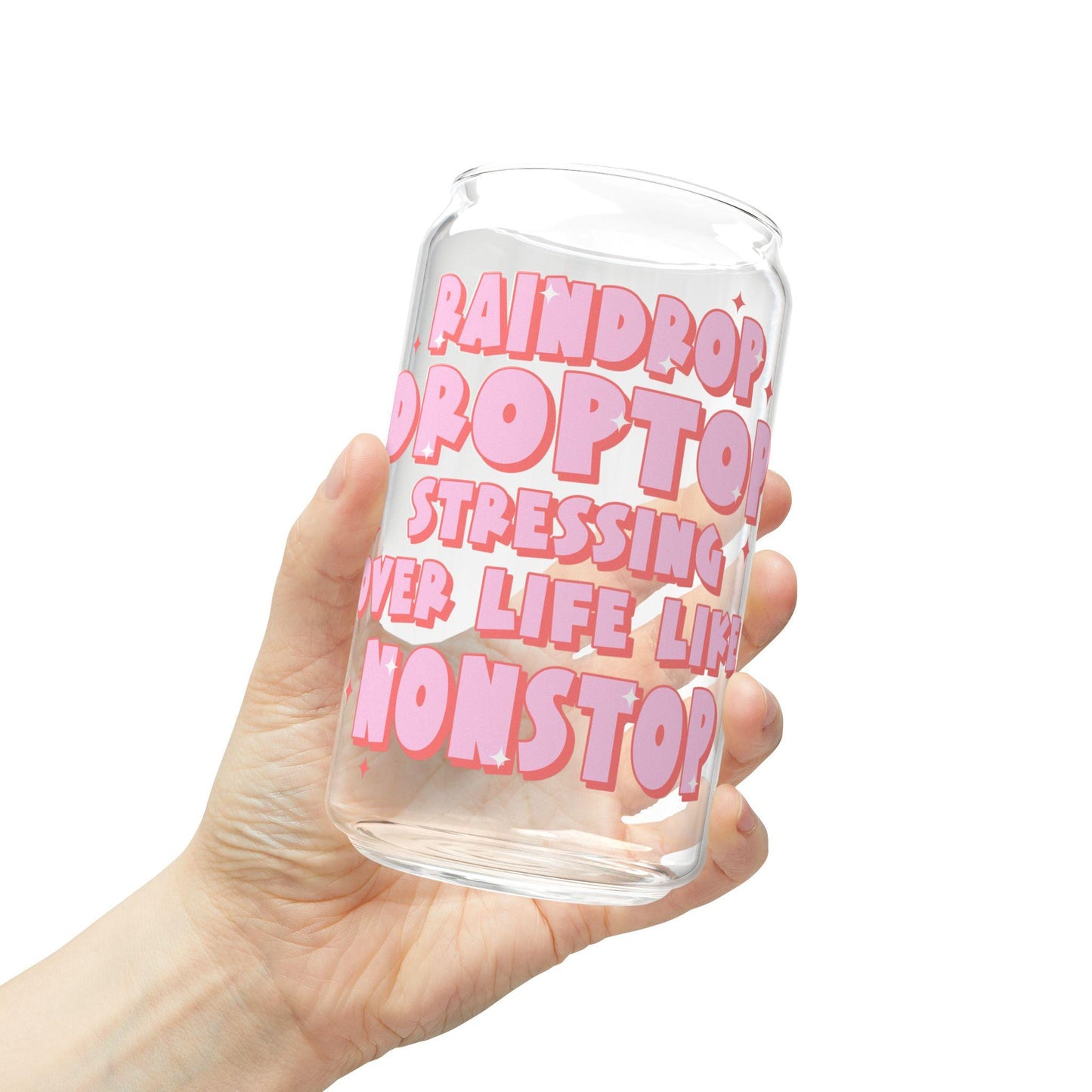 Preppy funny glass cup with bamboo lid glass straw, Cute Cup Beer Can Iced Coffee Glass Cup Cute stress Glass Cup gift for her