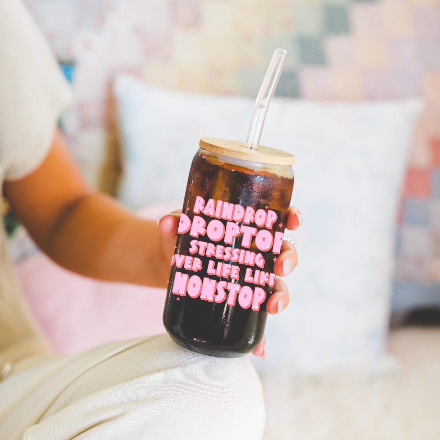 Preppy funny glass cup with bamboo lid glass straw, Cute Cup Beer Can Iced Coffee Glass Cup Cute stress Glass Cup gift for her