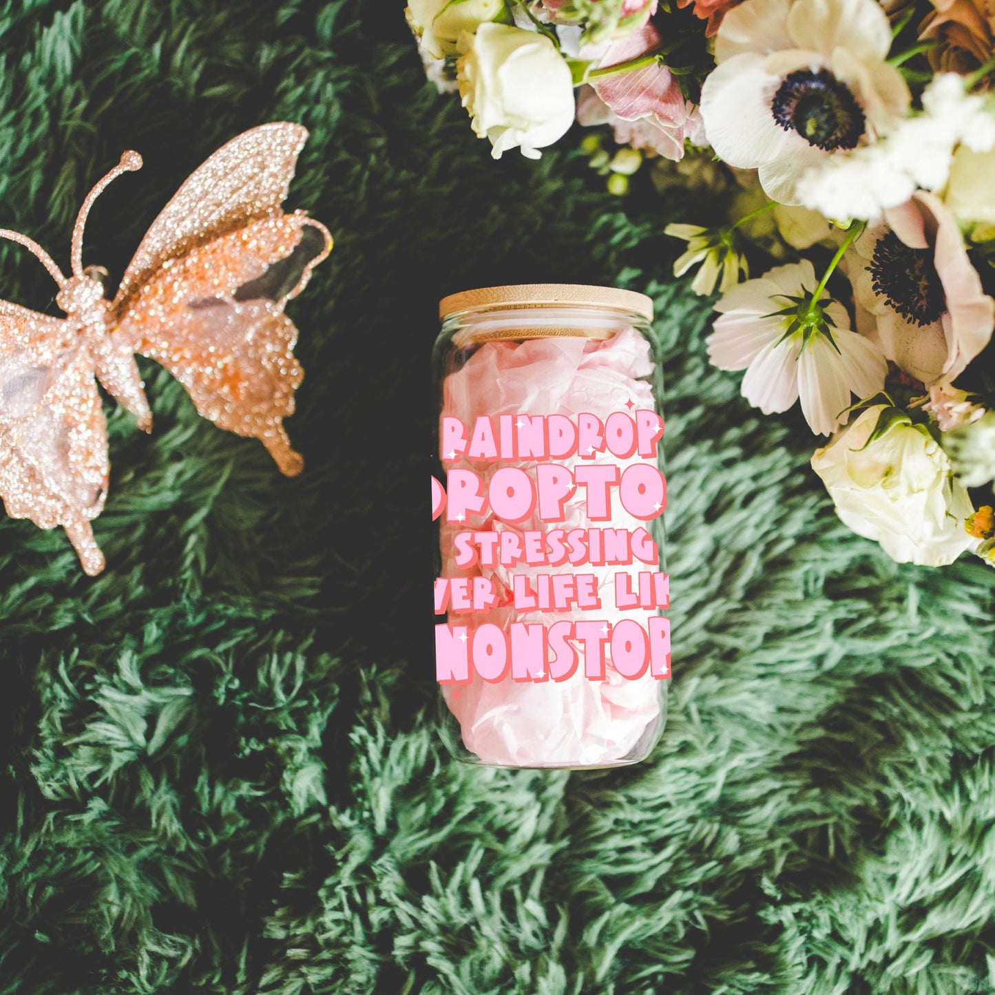 Preppy funny glass cup with bamboo lid glass straw, Cute Cup Beer Can Iced Coffee Glass Cup Cute stress Glass Cup gift for her