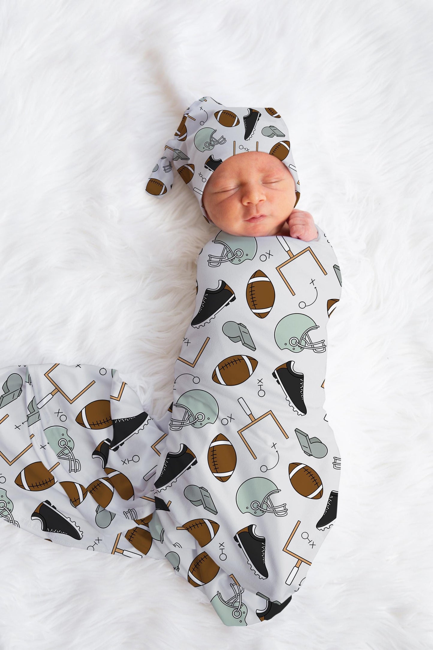 Personalized Baby Boy Swaddle Blanket Hat Set, football swaddle, sports hospital reveal outfit baby boy baby shower gift receiving blanket