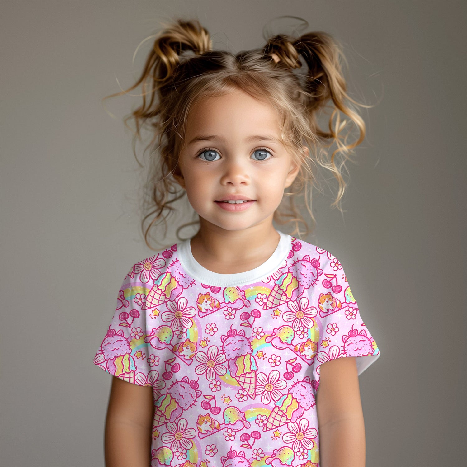 Girl wearing pink cat icecream cone rainbow t-shirt