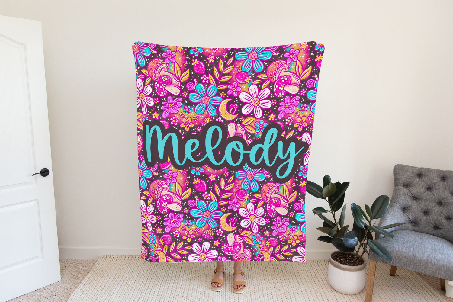 Personalized Pink Floral Colorful Blanket with custom name