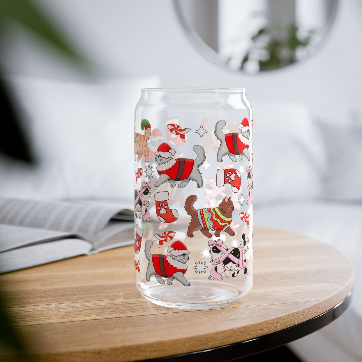 Christmas Cats Glass Can 16 oz