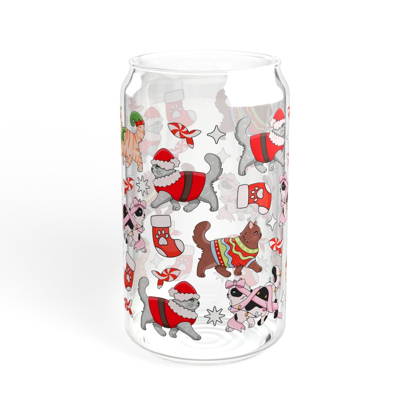 Christmas Cats Glass Can 16 oz