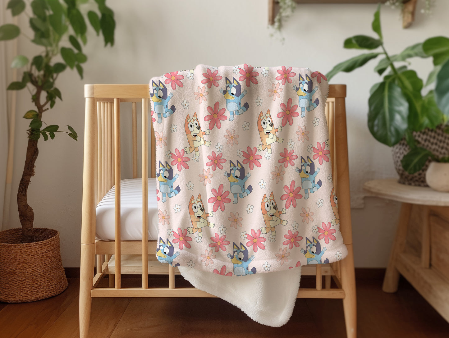 Personalized Bluey and Bingo Pink Floral Blanket