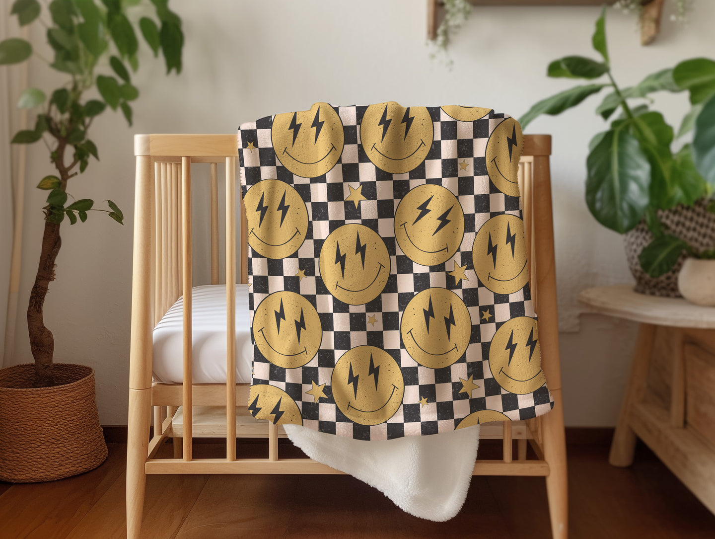 Personalized Blanket for Boys Smiley Face Checkered