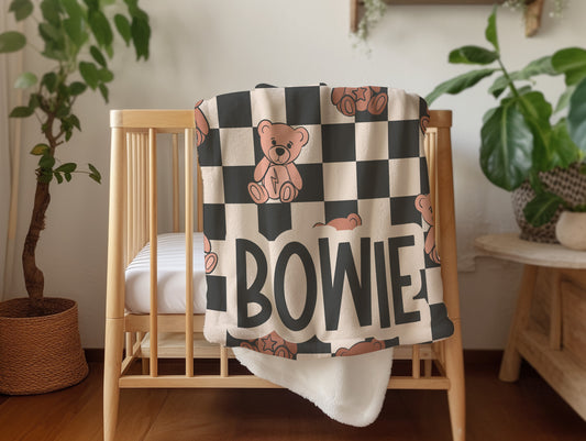 Personalized Boys Teddy Bear Blanket Checkered