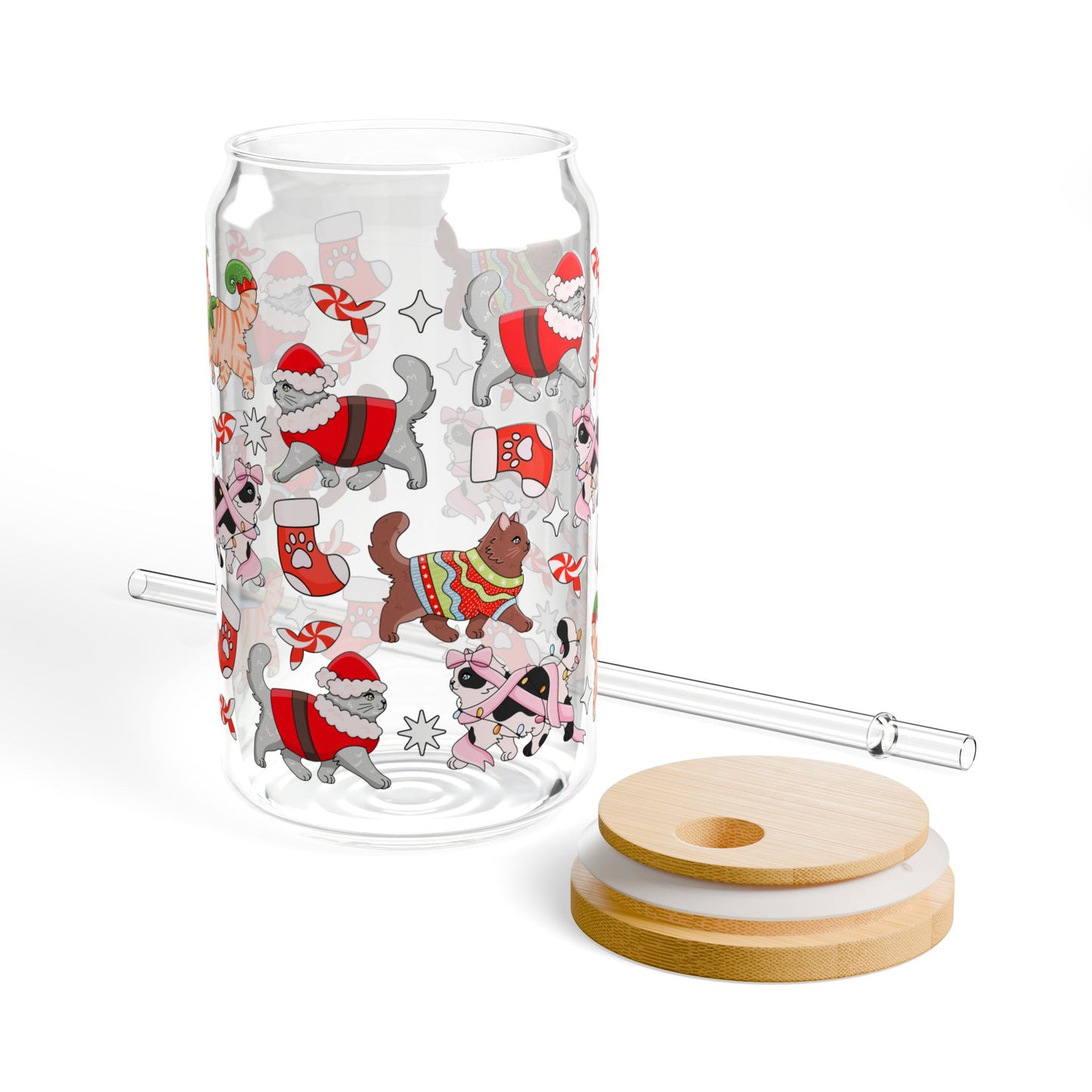 Christmas Cats Glass Can 16 oz