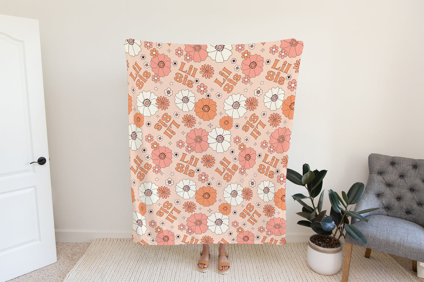 Lil Sis Orange Floral Blanket - PERSONALIZABLE