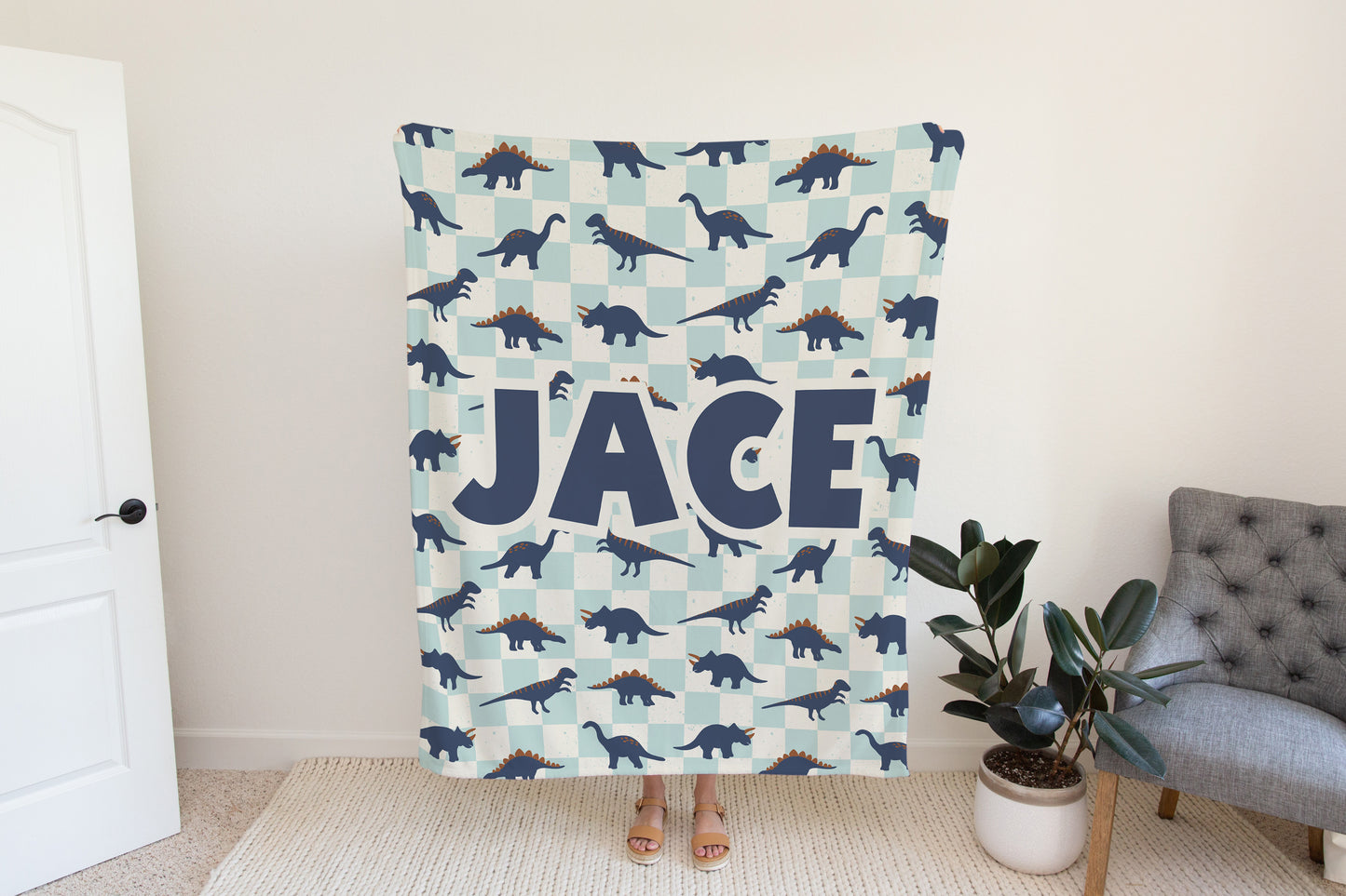 Personalized Boys Dinosaur Blanket Blue Checkered