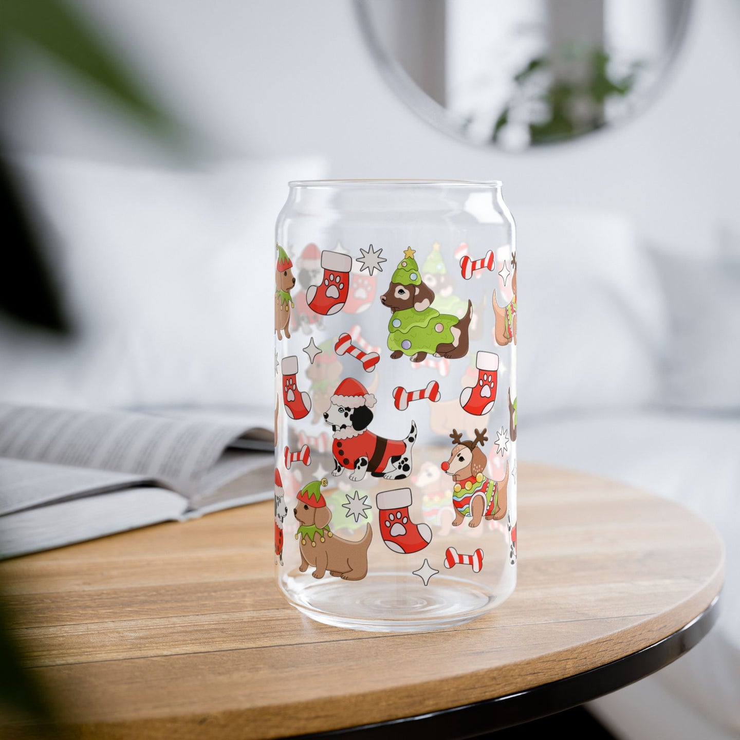 Christmas Dog Glass Can 16 oz