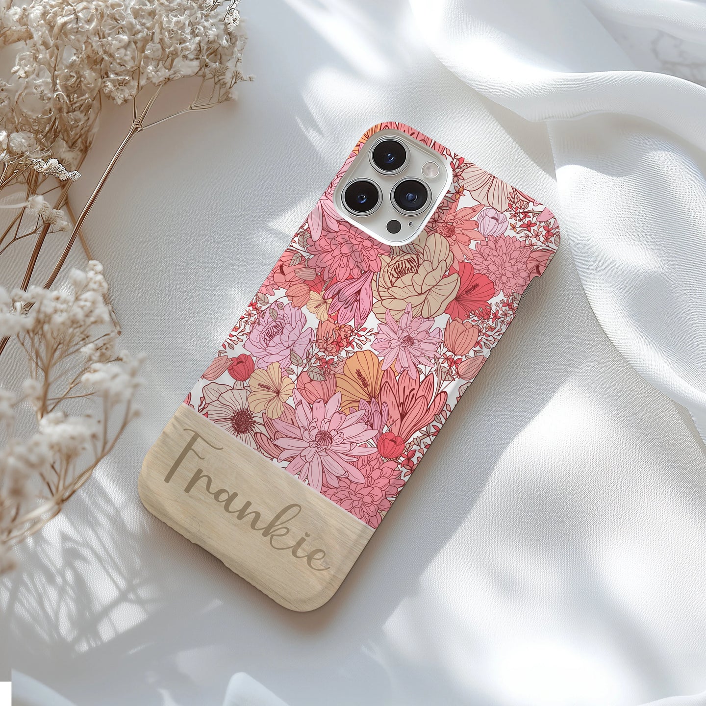 Personalized Pink Floral Tough Phone Case for iPhone, Samsung and Google Phones