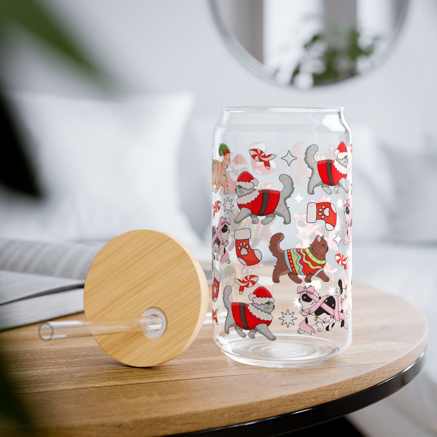 Christmas Cats Glass Can 16 oz