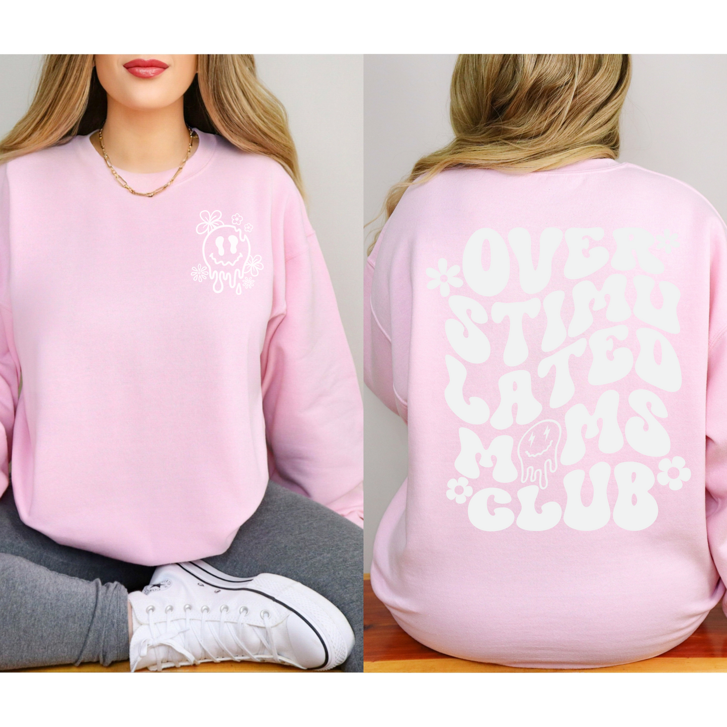 Over Stimulated Moms Club Crewneck Sweatshirt sizes small to 5XL