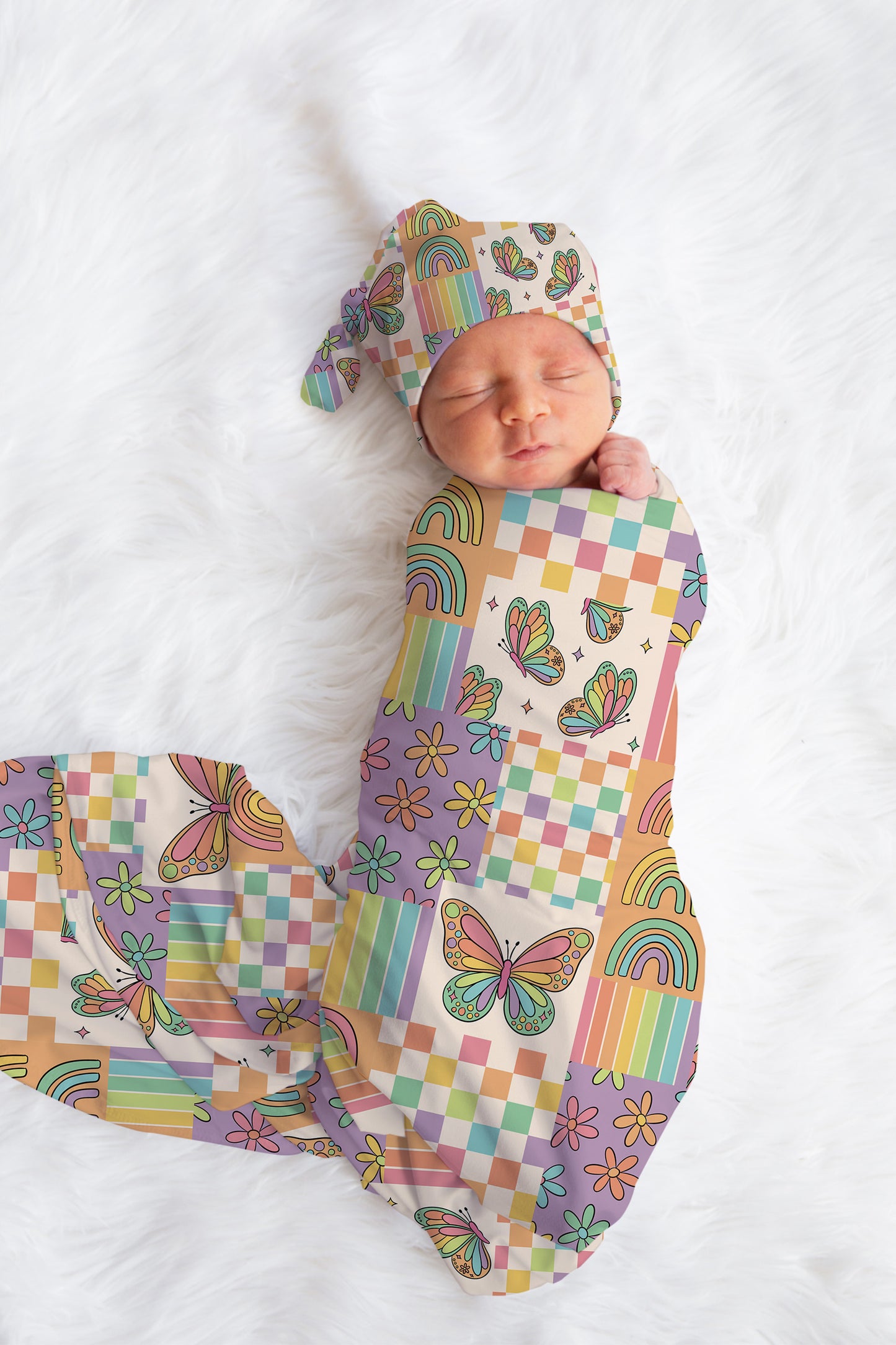 Personalized Butterfly Swaddle bow set newborn patchwork Swaddle and hat set girl hospital reveal outfit baby shower gift stretchy swaddle