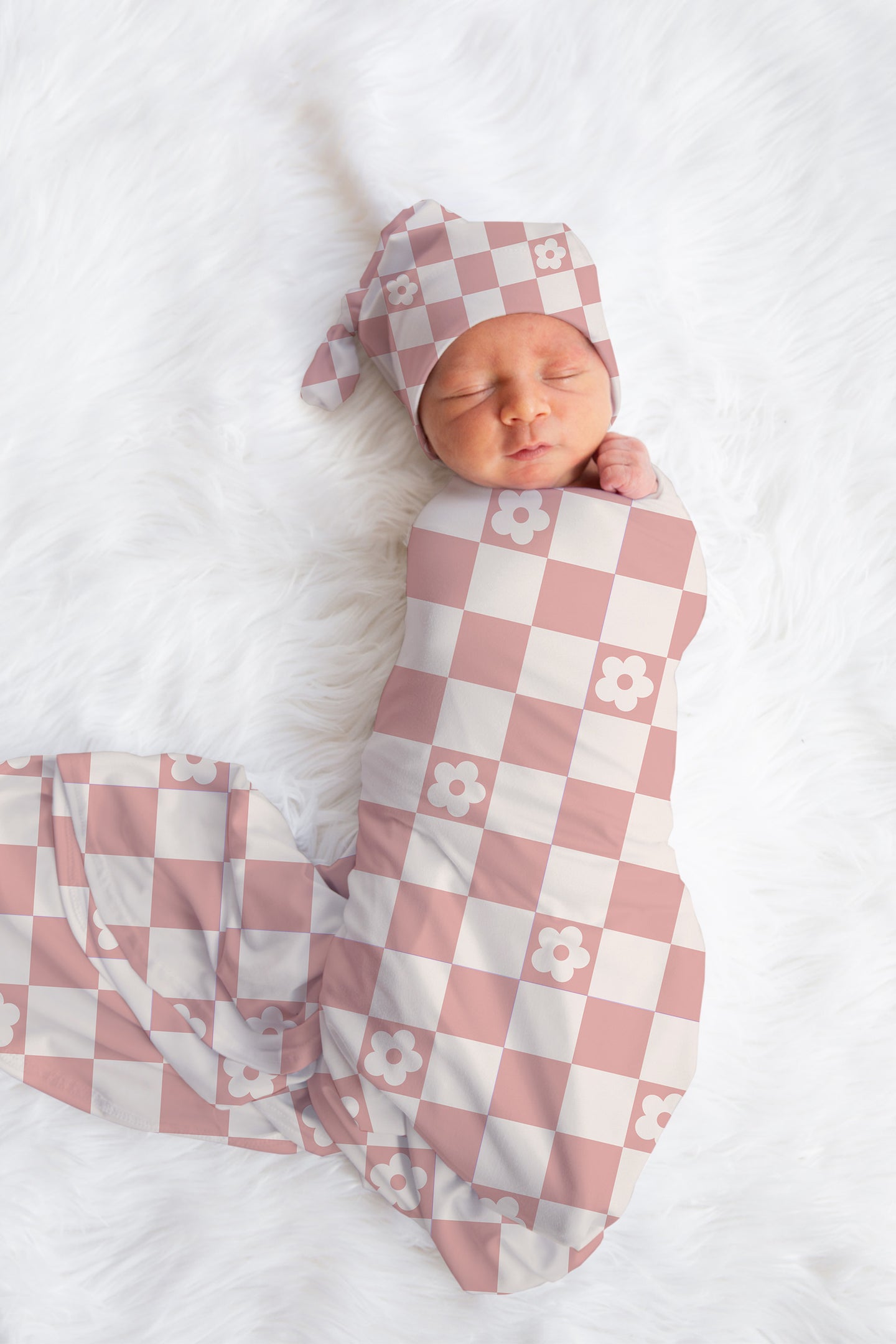 Personalized Swaddle Set Pink Checkered Hat and Bow