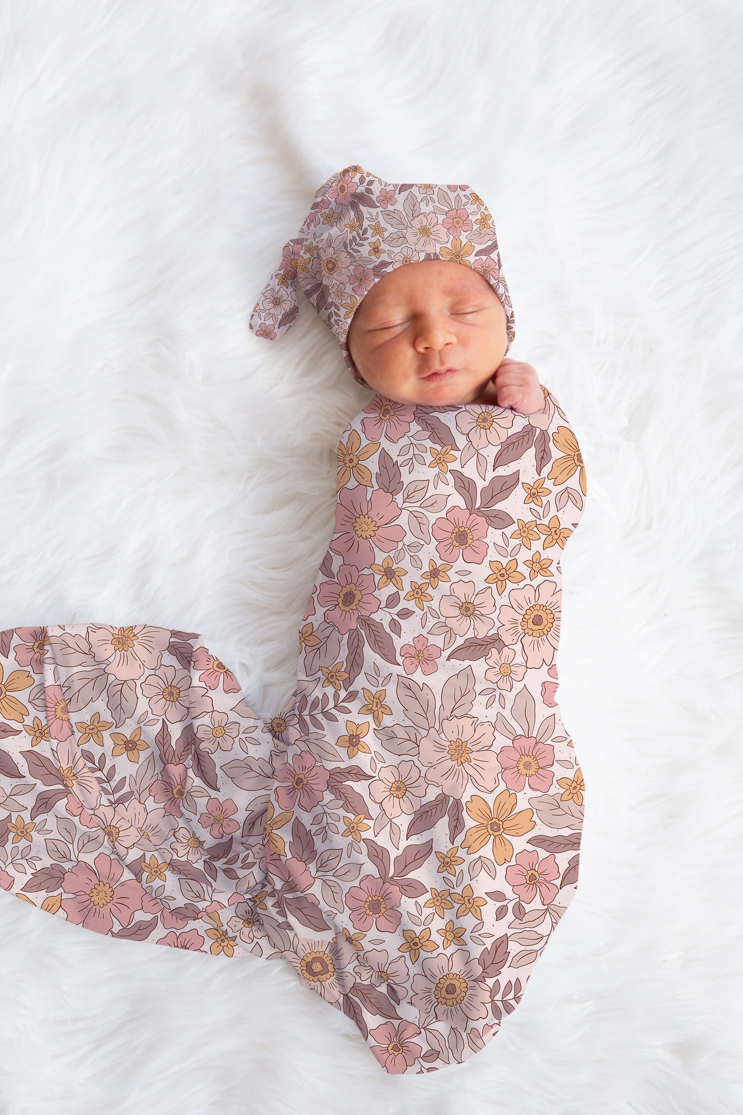 Personalized Swaddle Hat Set Bow Boho Floral Baby Blanket