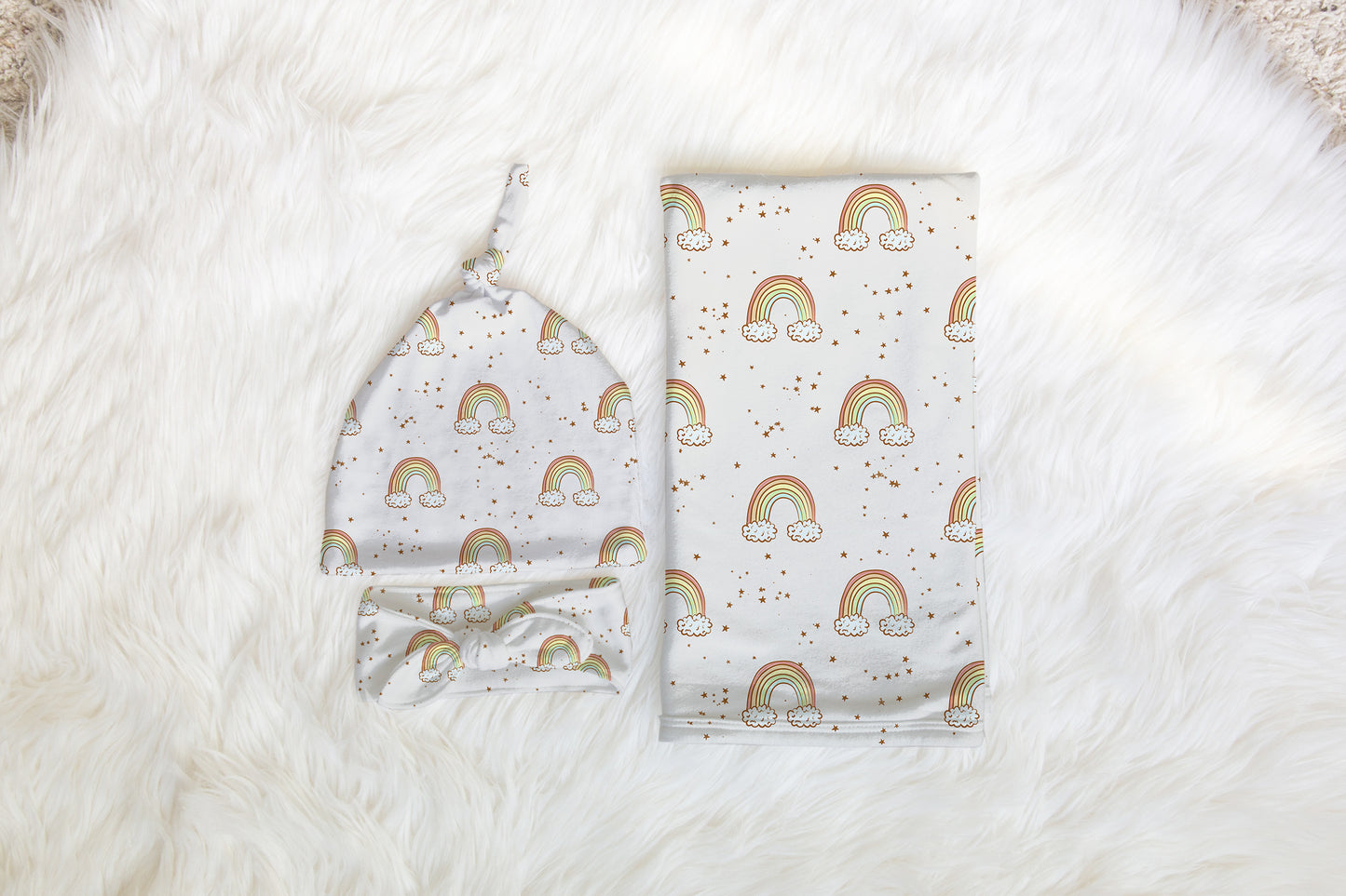 Personalized Swaddle Hat Set Rainbow Baby Blanket