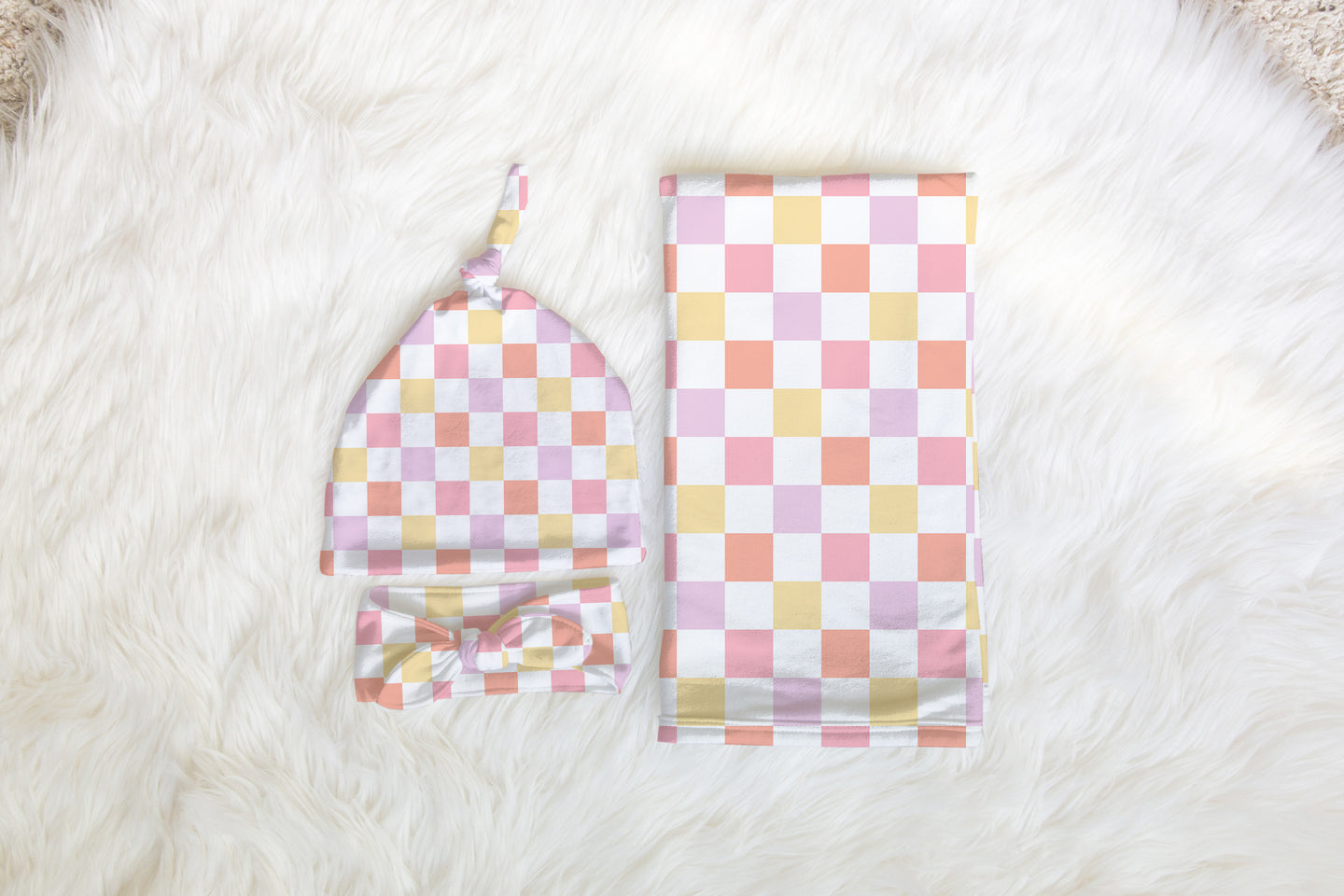 Personalized Pastel Checkered Baby Swaddle Hat Bow Set