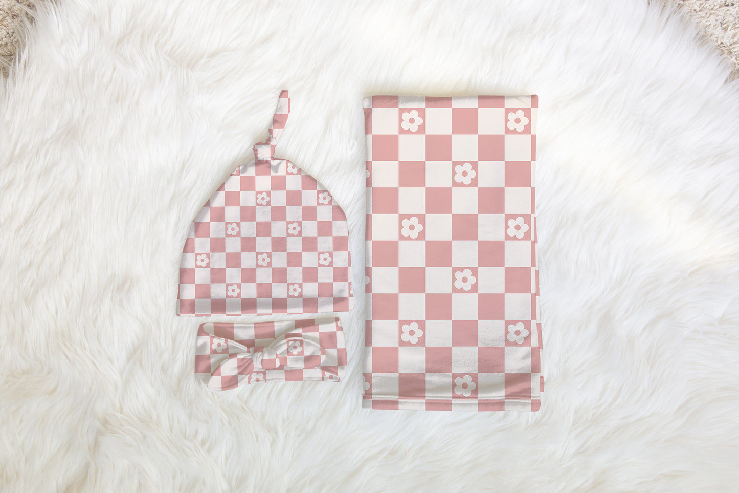 Personalized Swaddle Set Pink Checkered Hat and Bow