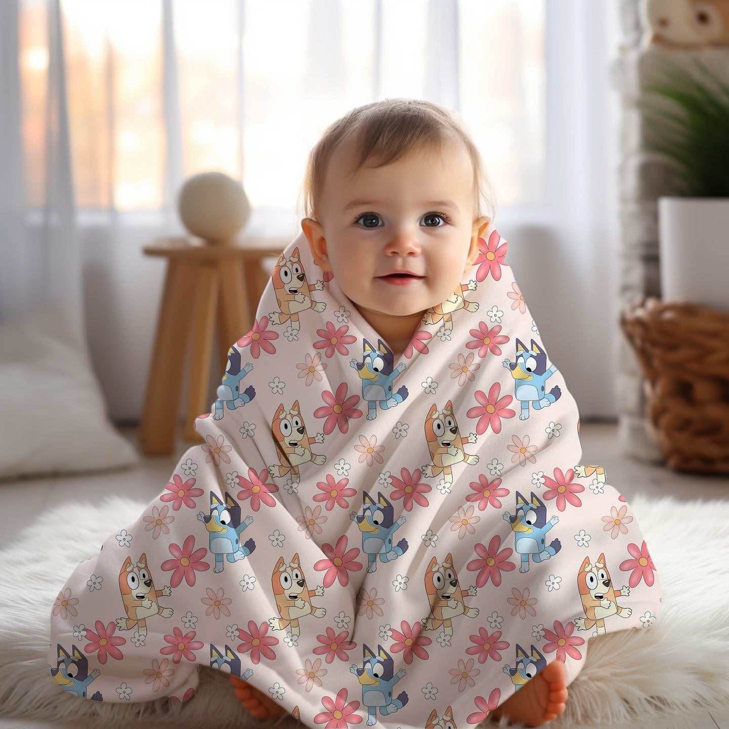 Personalized Bluey and Bingo Pink Floral Blanket