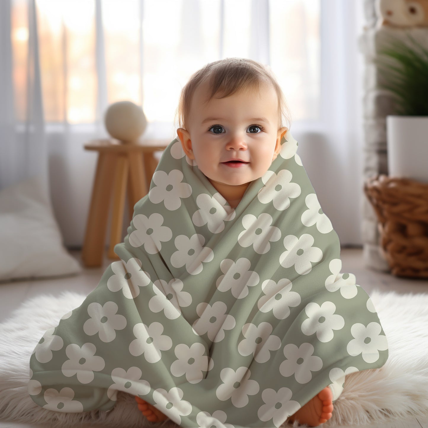 Sage Green Retro Floral Blanket