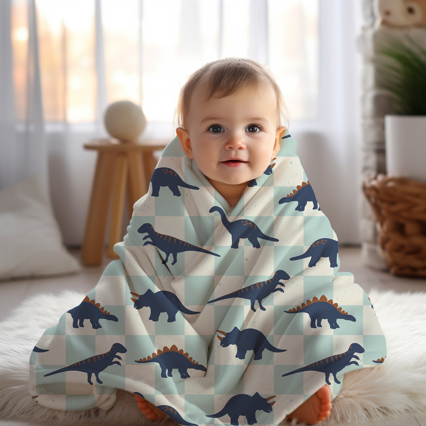 Personalized Boys Dinosaur Blanket Blue Checkered