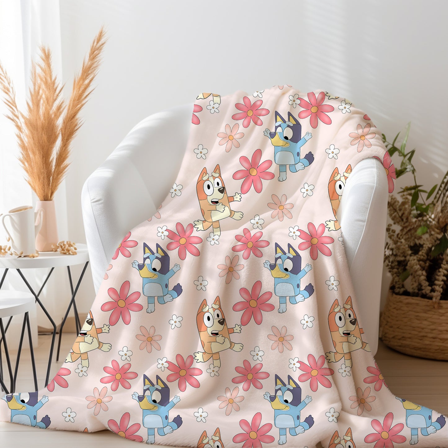 Personalized Bluey and Bingo Pink Floral Blanket