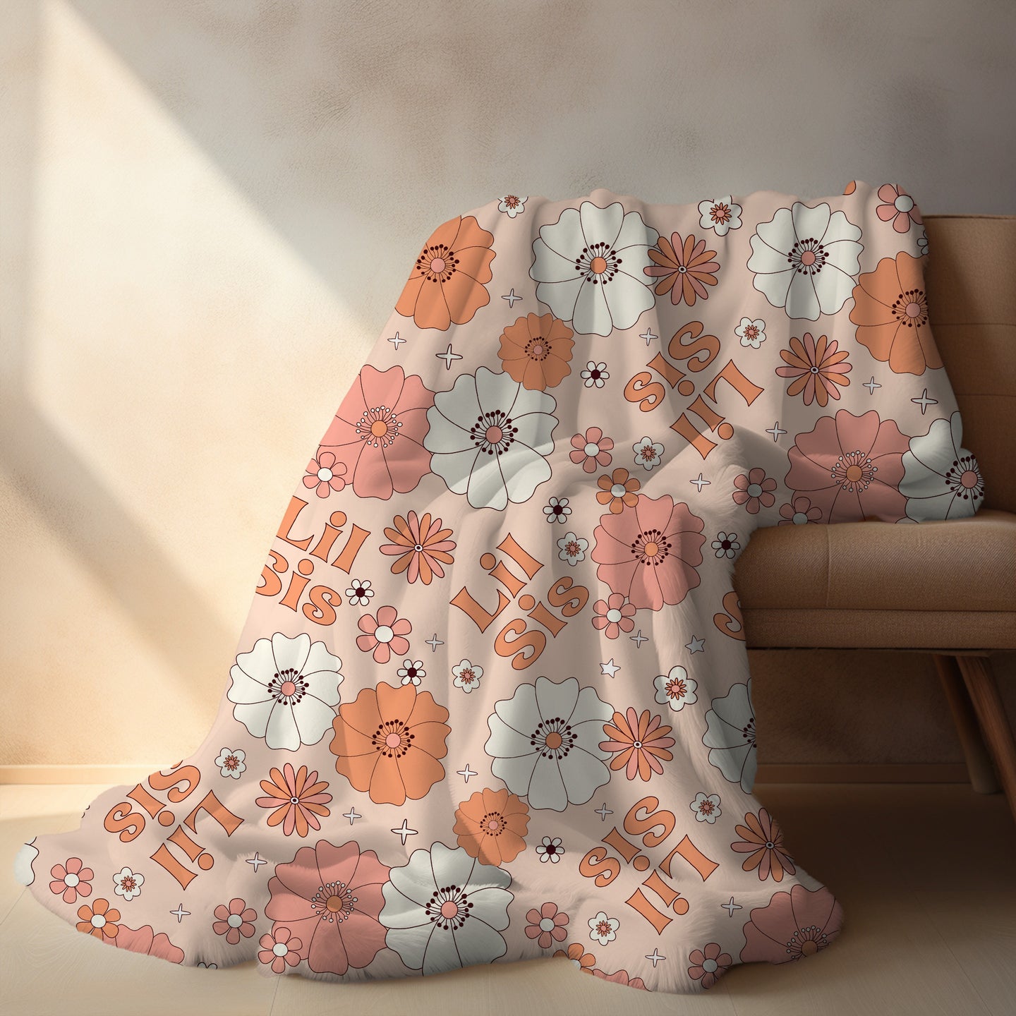 Lil Sis Orange Floral Blanket - PERSONALIZABLE