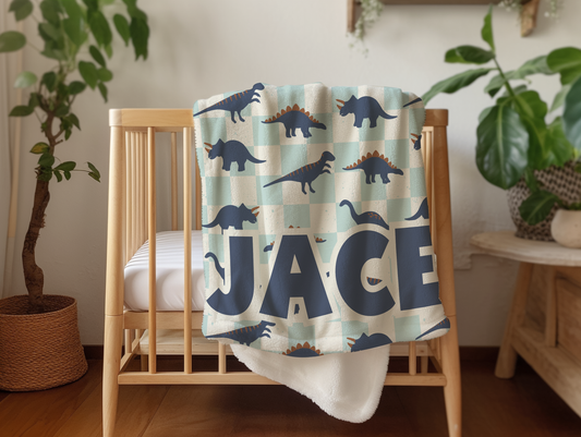 Personalized Boys Dinosaur Blanket Blue Checkered