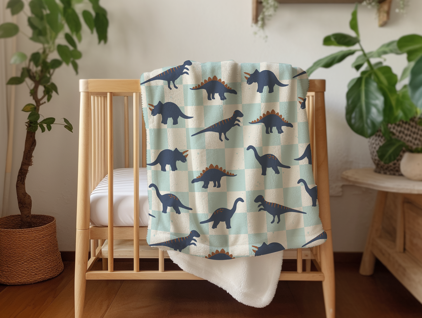 Personalized Boys Dinosaur Blanket Blue Checkered