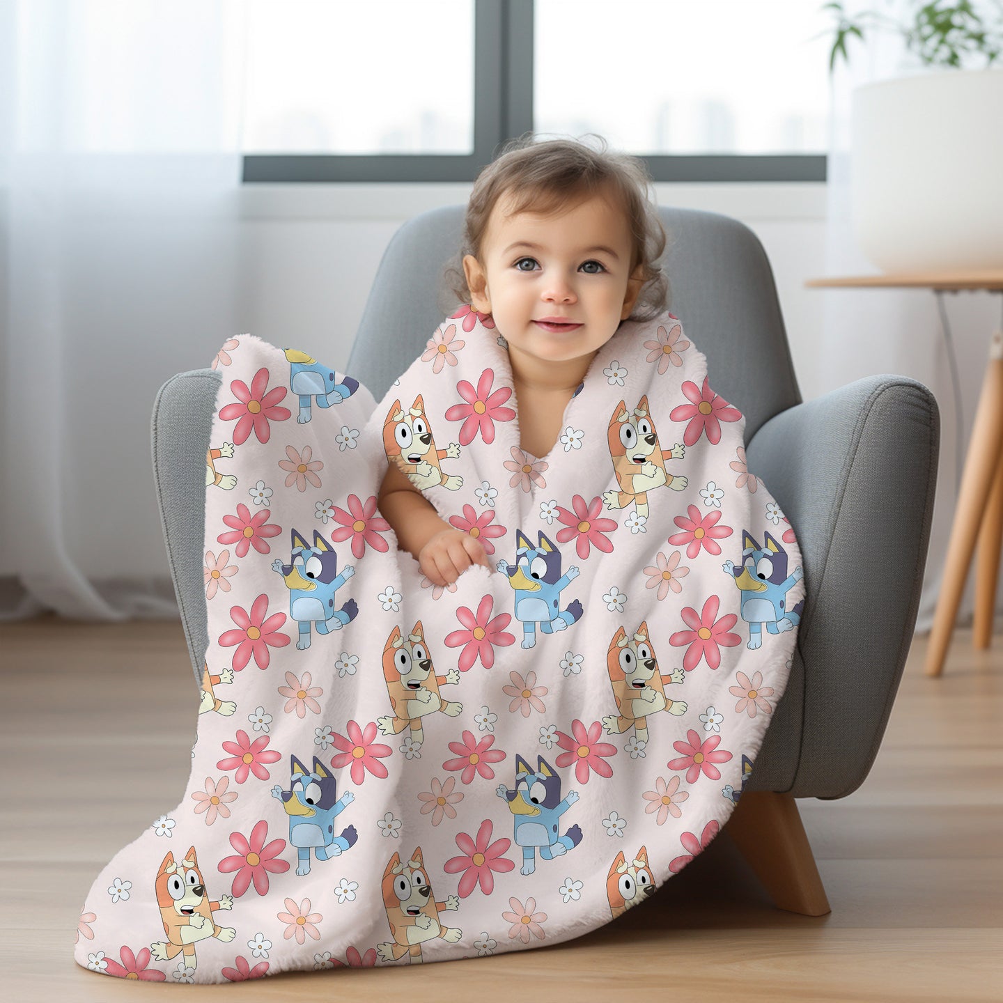 Personalized Bluey and Bingo Pink Floral Blanket