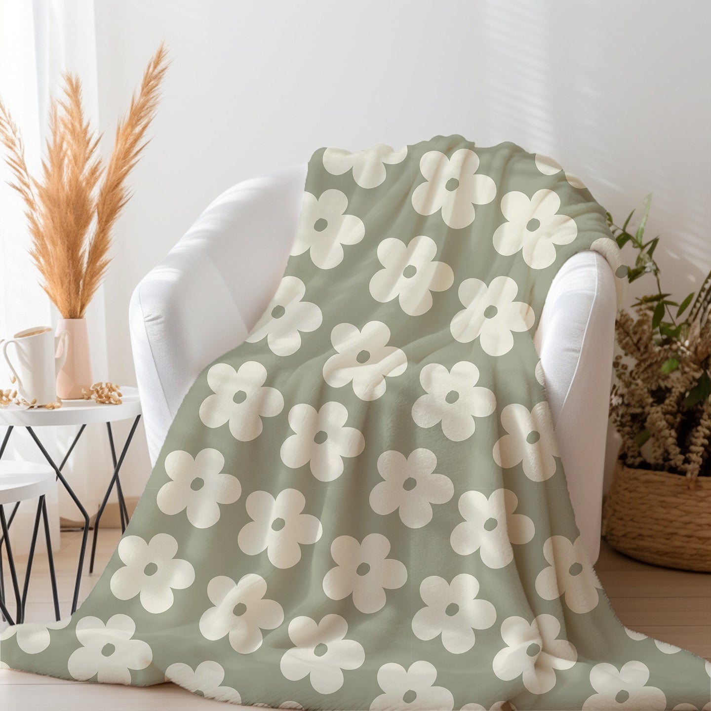 Sage Green Retro Floral Blanket