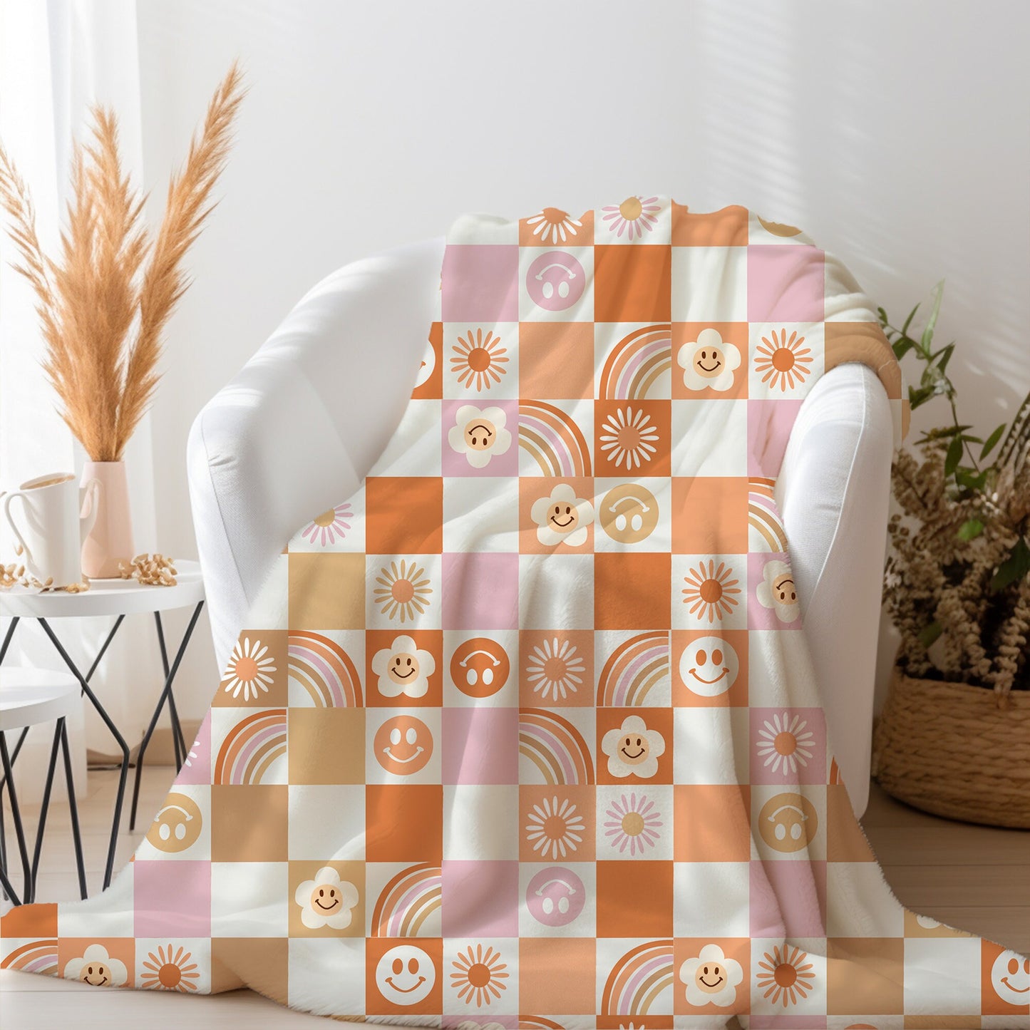 Personalized Orange Groovy Checkered Blanket