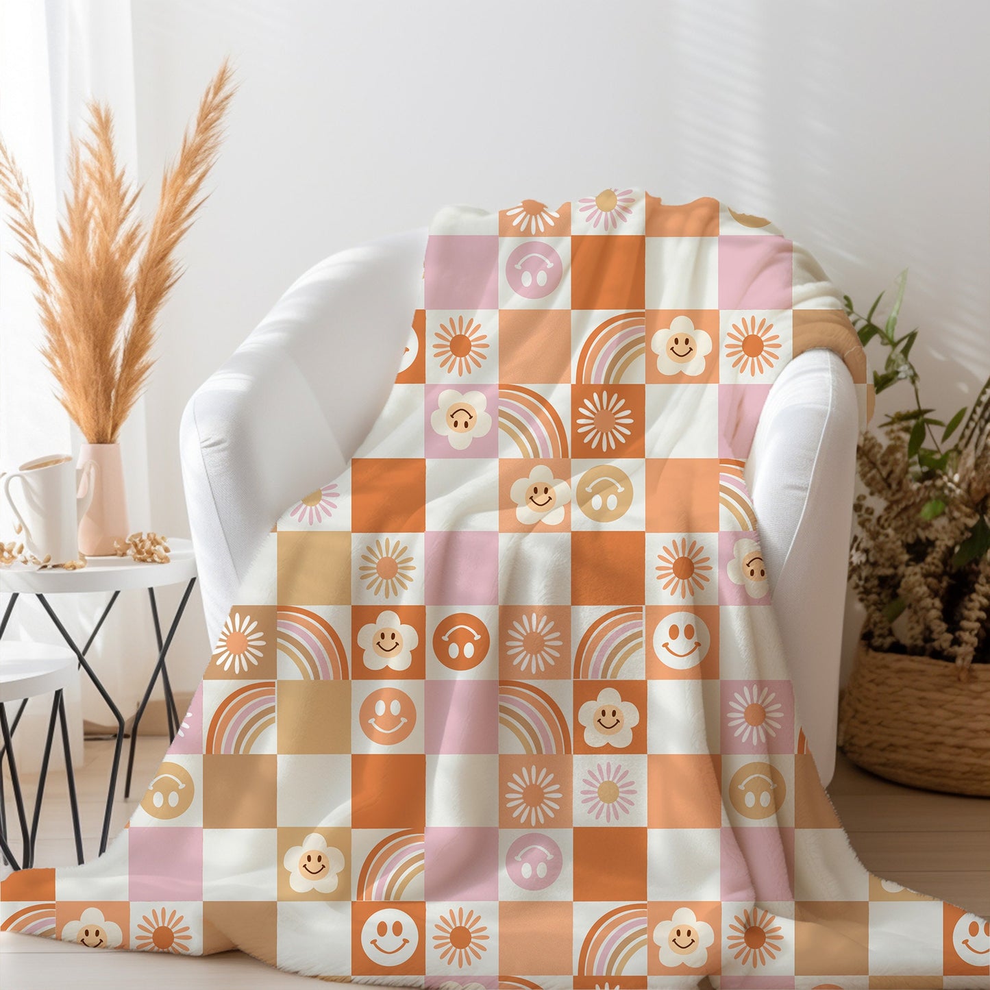 Personalized Orange groovy checkered Blanket, orange checkerboard blanket, checkered blanket, checkered throw blanket couch
