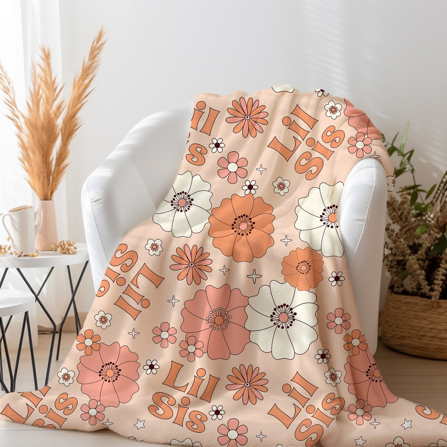 Lil Sis Orange Floral Blanket - PERSONALIZABLE