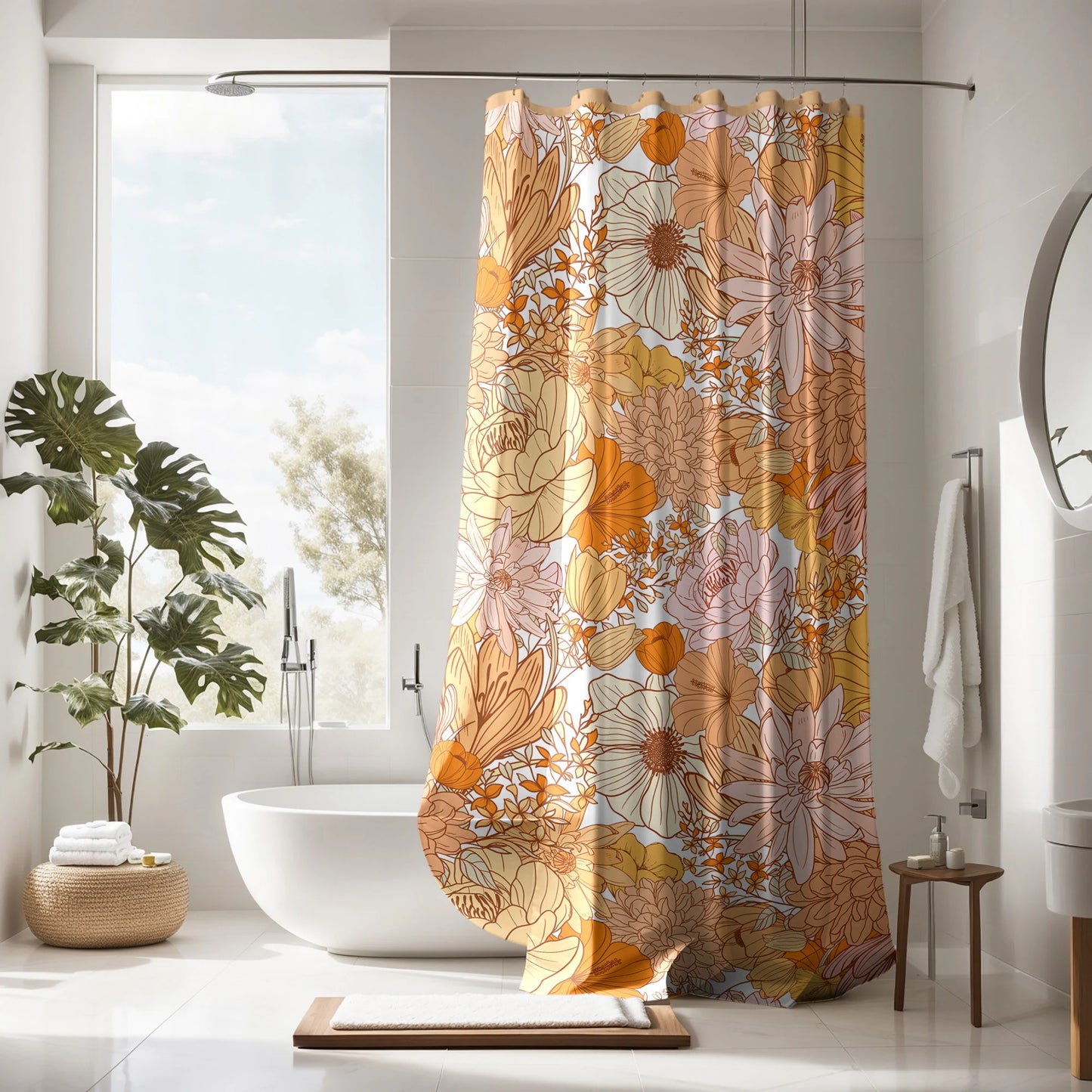 Personalized Orange Boho Floral Shower Curtain