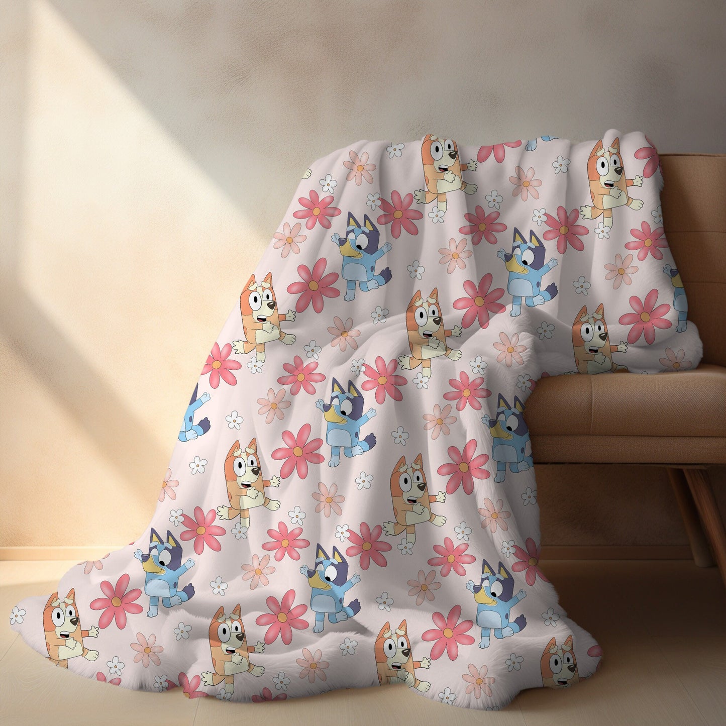 Personalized Bluey and Bingo Pink Floral Blanket