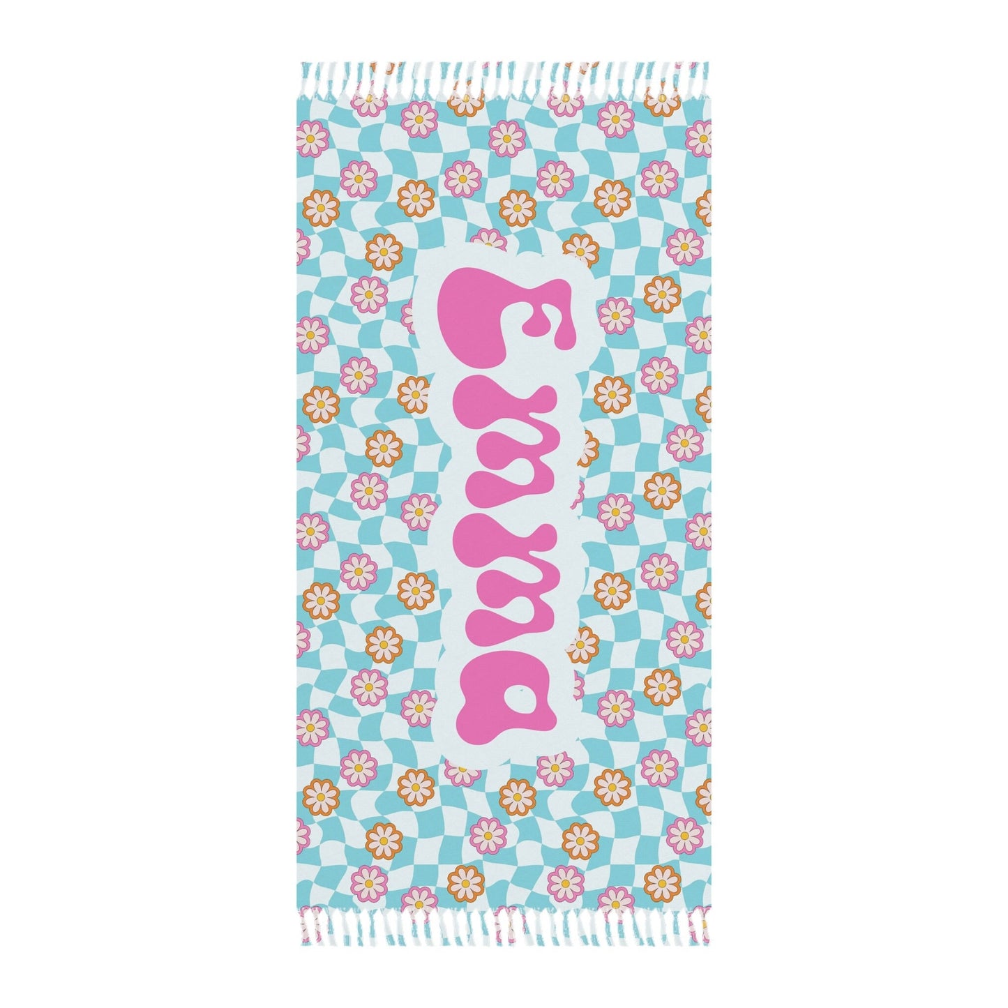 Personalized Pink and Blue Floral Groovy Checkered Beach Towel