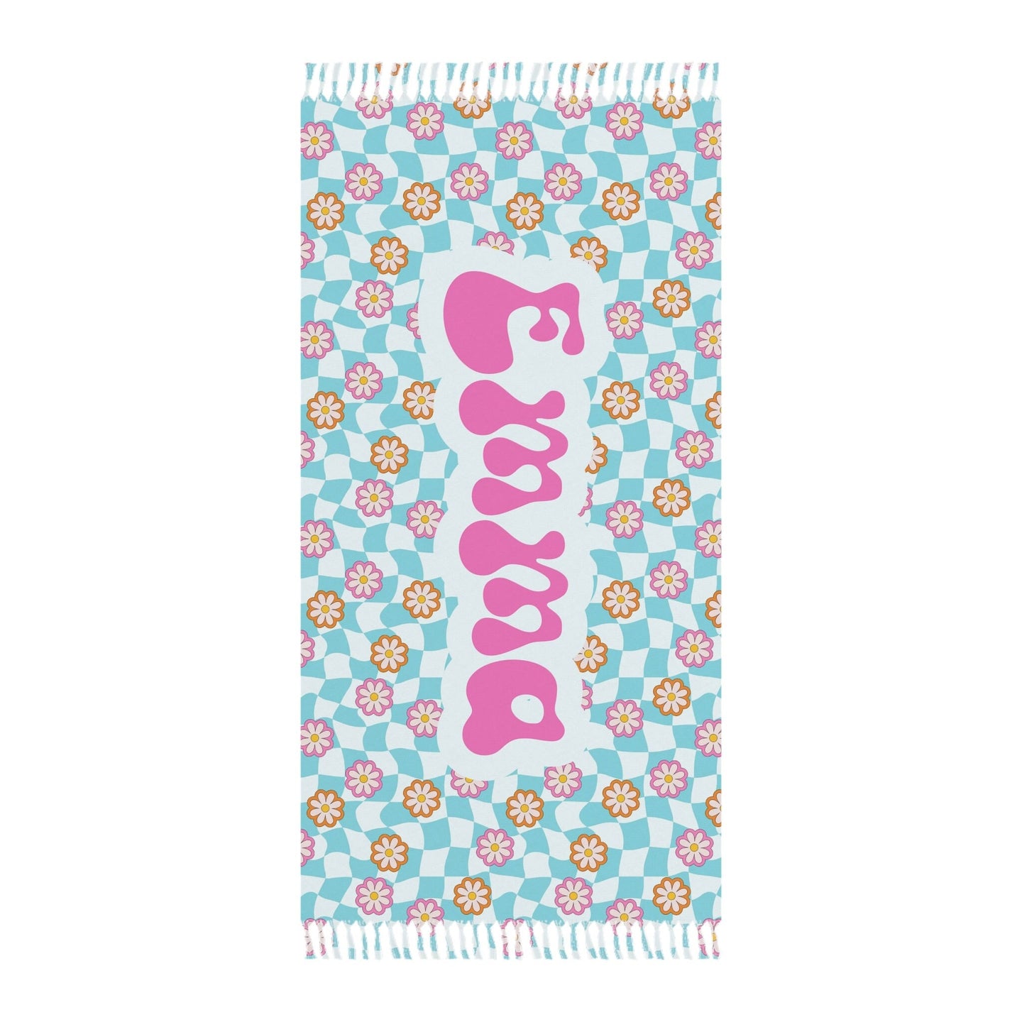 Personalized Pink and Blue Floral Groovy Checkered Beach Towel