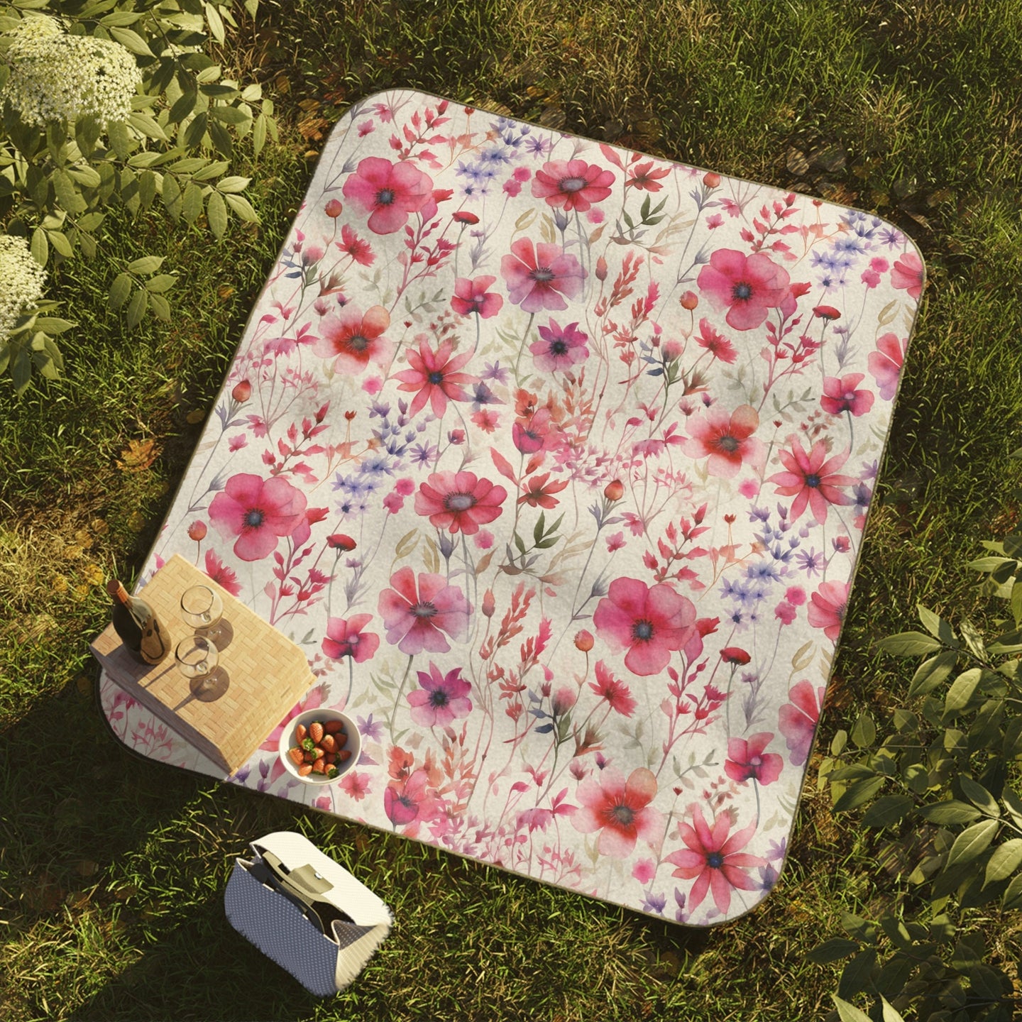 Personalized Pink Floral Picnic Blanket waterproof