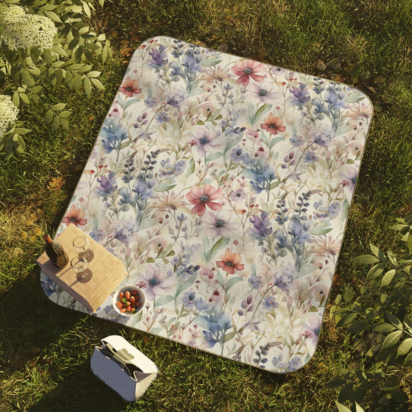 Personalized Blue Floral Summer Picnic Blanket (Waterproof)