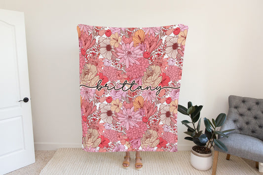 Personalized Pink Floral Blanket